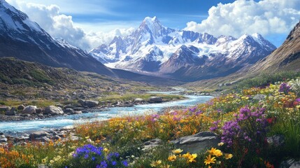 Majestic snow-capped mountains, vibrant wildflowers, and a meandering river in a serene valley.