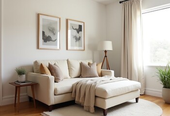 Contemporary Living Room Design with Chaise Lounge, Textured Area Rug, and Indoor Plants for a Relaxing Atmosphere
