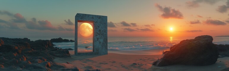 A mesmerizing time portal on the beach with sunset glowing on the left and the moonlit night on the right, symbolizing the transition between day and night in a stunning real-life scene.