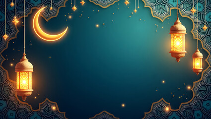 Ramadan Decorative Lanterns and Crescent Moon Background
