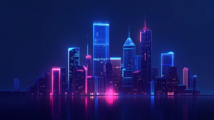 A futuristic solar-powered city glowing at night, skyscrapers illuminated with neon energy lines on a dark blue background with low poly wireframe overlay.