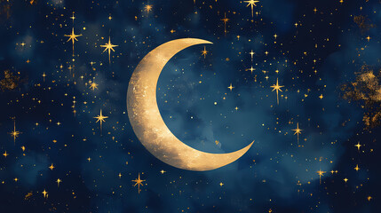 Naklejka premium Whimsical nursery decor with crescent moon and gold stars generative ai. Crescent. Illustration