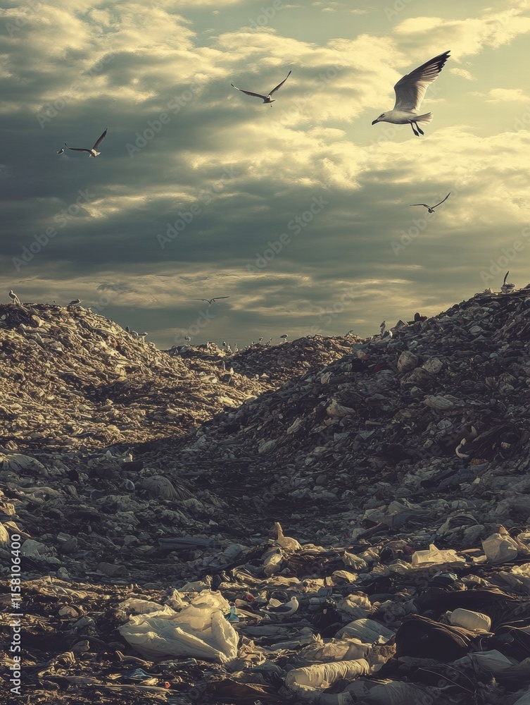 Poster seagulls soar over a massive landfill under a cloudy sky with room for text. generative ai