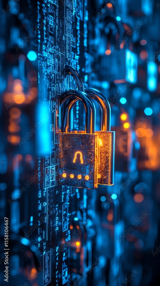 Aufkleber A digital representation of security with glowing locks on a circuit board backdrop.