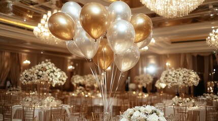 Elegant Gold and Silver Balloons in a Luxurious Wedding Banquet Hall with Shimmering Chandeliers, White Floral Arrangements, and a Soft Golden Glow