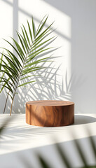 Beautiful wood grain round wood podium dish in sunlight, tropical palm leaf shadow on white table countertop, wall for nature luxury organic cosmetic, skincare, beauty treatment product background 3
