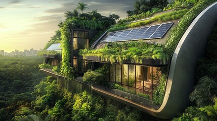 Fototapeta premium A futuristic eco-house featuring vertical gardens, solar panels, and a rainwater harvesting system, seamlessly integrated with the surrounding natural landscape.