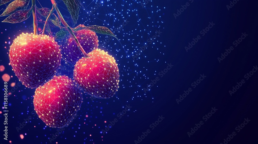 Poster abstract lychee design featuring low poly wireframe and glowing particles, set on a dark blue backgr