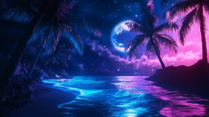 Futuristic tropical night with glowing waves in blue and pink, neon palm trees illuminated under a cosmic sky, vaporwave cyberpunk theme
