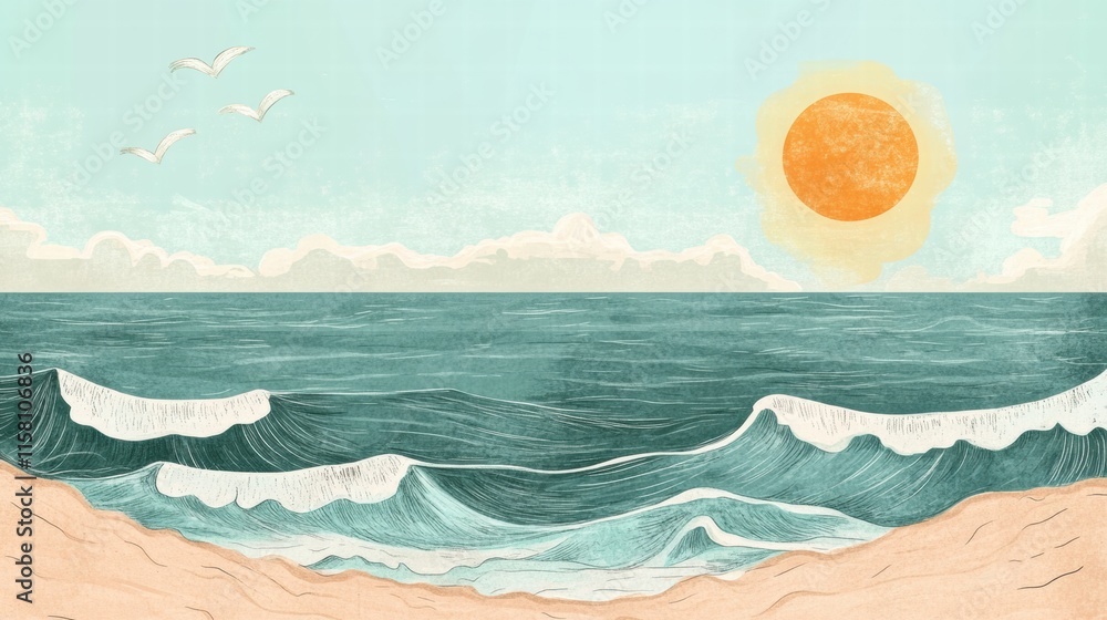 Fototapete Seaside view with ocean waves and a bright sun in a naive art style background with ample copy space for text. Generative AI