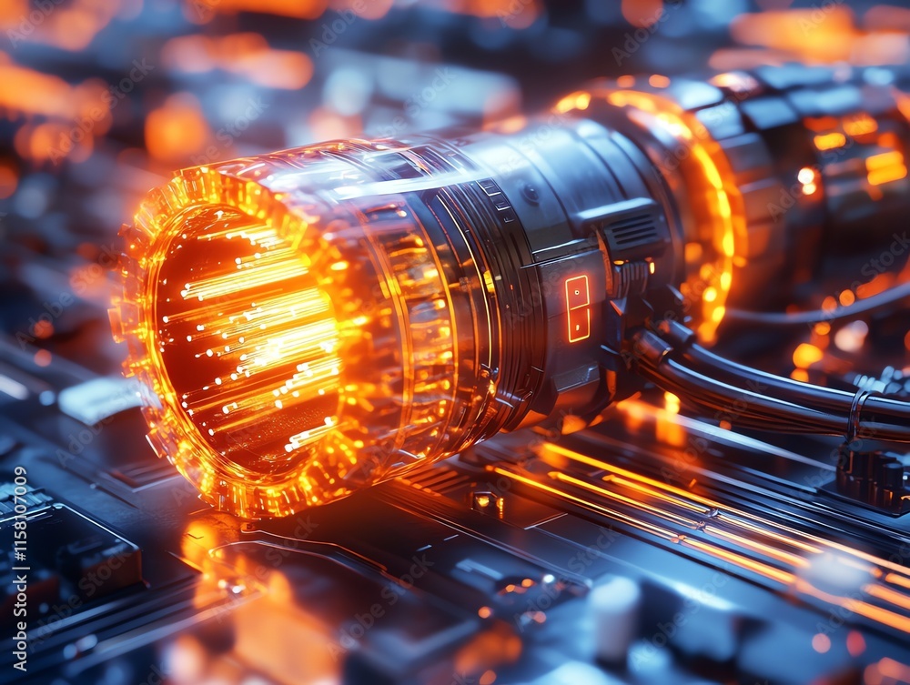 Aufkleber a futuristic energy device with glowing elements on a tech-inspired background.