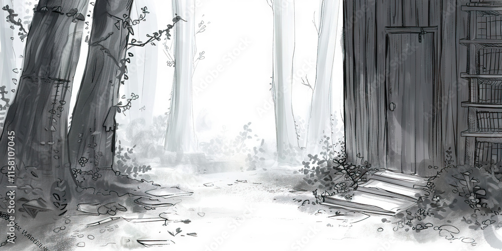Aufkleber grayscale illustration of forest path and wooden structure with bookshelf