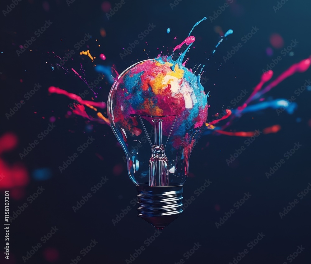 Poster colorful paint splash exploding from a lightbulb, symbolizing creativity and innovation.