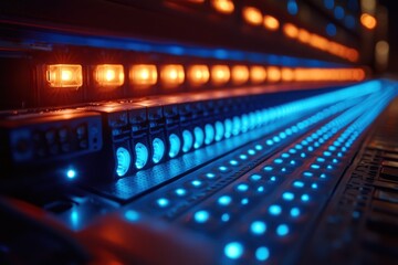Close-Up View of Colorful LED Lights and Buttons on a Modern Electronic Equipment Panel in a Dark Environment with a Futuristic Aesthetic