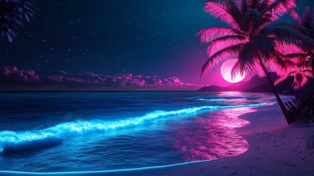Luminous tropical beach at night, glowing blue ocean waves and pink neon palm trees, surreal futuristic landscape, vaporwave-inspired art