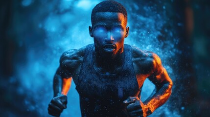 Fototapeta premium Muscular man running, intense expression, blue and orange light effects.