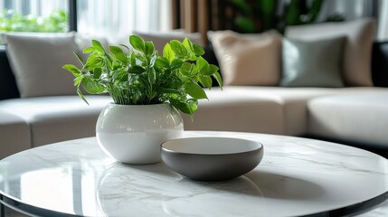 Serene Living Room Interior with Greenery Plant in White Pot on Marble Table
