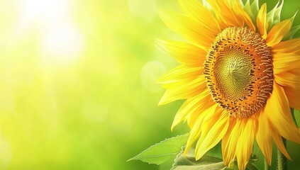 Obraz premium Vibrant sunflower in bright sunlight against a bokeh green background.