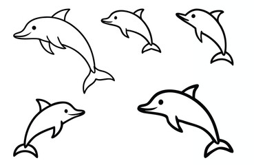 Simple dolphin outlines, black and white sketch, minimalist marine life illustration, playful jumping dolphins.
