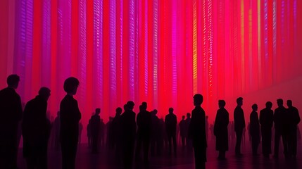 Silhouetted crowd before vibrant red light display.