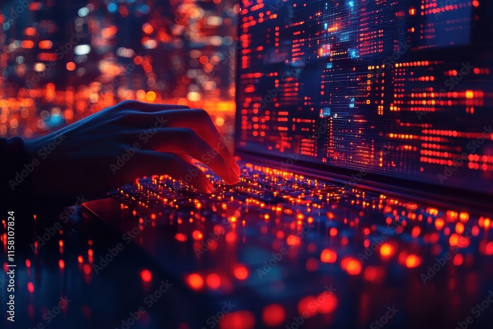 Poster dynamic cyber security concept with glowing keyboard and neon data stream illustrating the connectio