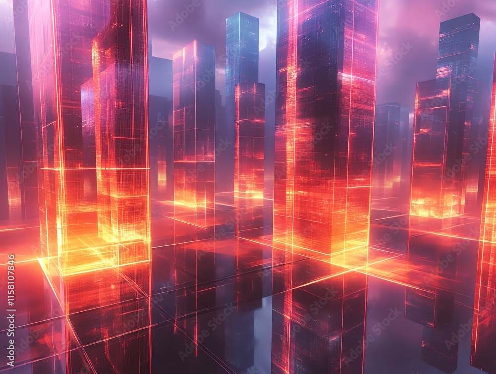 Poster A futuristic cityscape with glowing, translucent structures reflecting light.