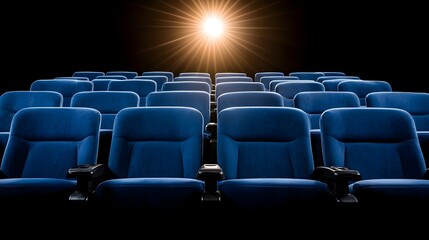 Obraz premium Illuminated Empty Blue Cinema Seats in a Theater with Spotlight in the Background Creating a Dramatic Atmosphere