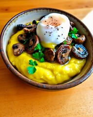 Creamy Mushroom Risotto Topped with Poached Egg and Fresh Herbs