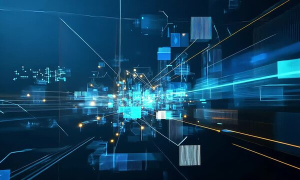 Futuristic digital data stream, glowing lines and digital blocks.