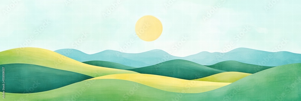 Aufkleber Serene landscape with rolling hills and soft sun in a naive art style providing ideal space for creative text placement. Generative AI