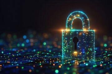 Digital Lock Representing Cybersecurity Concepts with Colorful Lights and Glowing Patterns on a Dark Background, Symbolizing Data Protection and Internet Safety