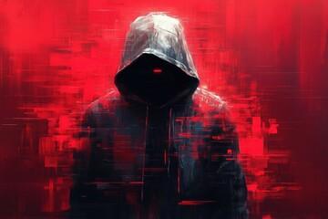 Mysterious figure in a dark hoodie against a vibrant red abstract background, creating an atmosphere of intrigue and suspense with digital art elements