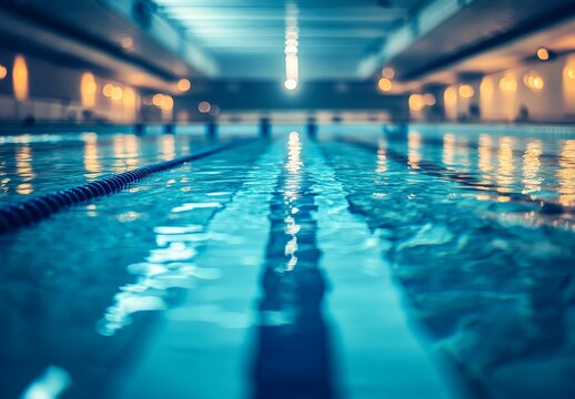 Indoor swimming pool lanes with water reflections and soft lighting.