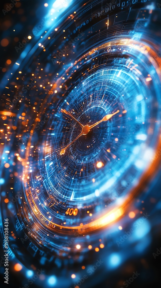 Poster a futuristic clock design with glowing elements and digital effects.