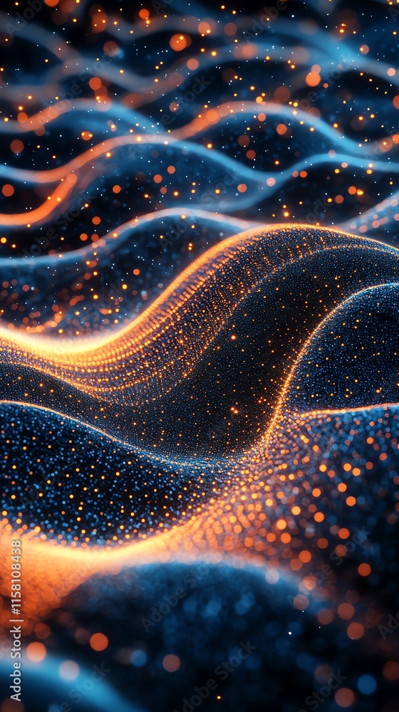 Poster abstract visualization of waves with glowing particles, evoking a sense of motion and depth.