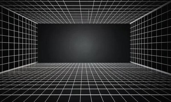 Abstract black and white grid room with vanishing point perspective.