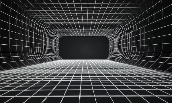 Abstract black and white grid tunnel background.