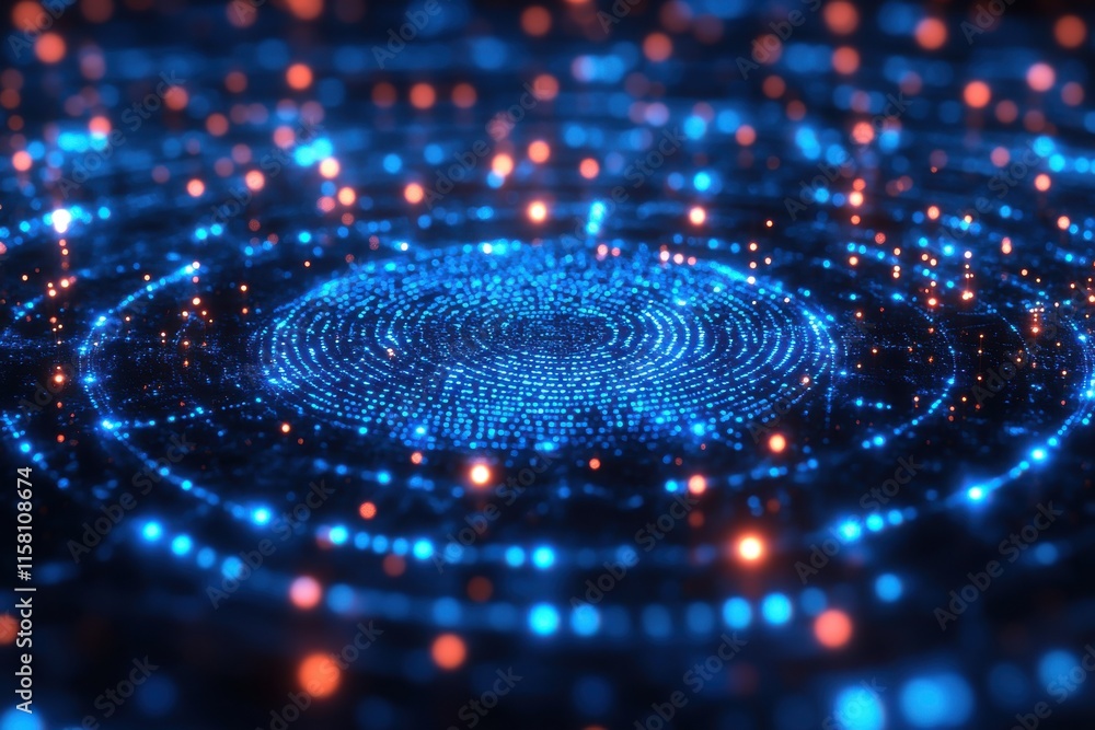 Poster abstract representation of circular wave patterns with bright blue and orange particles illuminating