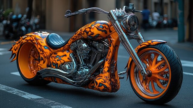 Orange custom chopper motorcycle parked on city street.