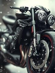 Obraz premium Close-up of a black motorcycle in snowy weather.