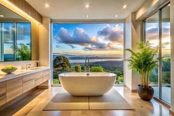 Panoramic Luxury Bathroom:  Soaking Tub, Faucet, Water, Relaxation, Spa, Modern Design,  Bathroom Interior,  Water Feature,  Luxury Bath,  Elegant Bathroom