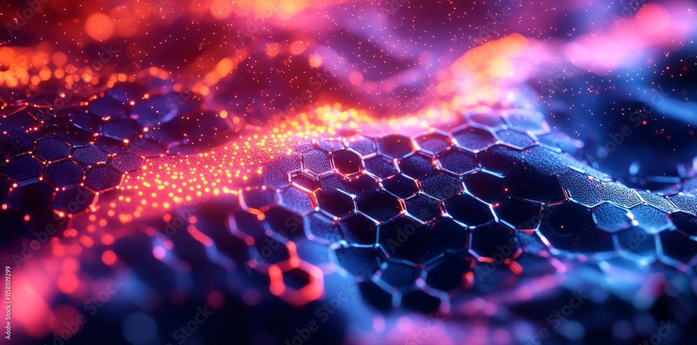 Aufkleber Abstract representation of interconnected hexagonal structures with glowing particles.