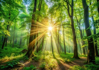 Fototapeta premium Peaceful Forest Sunlight Rays, Green Leaves, Deep Depth of Field, Nature Photography, High Resolution Image