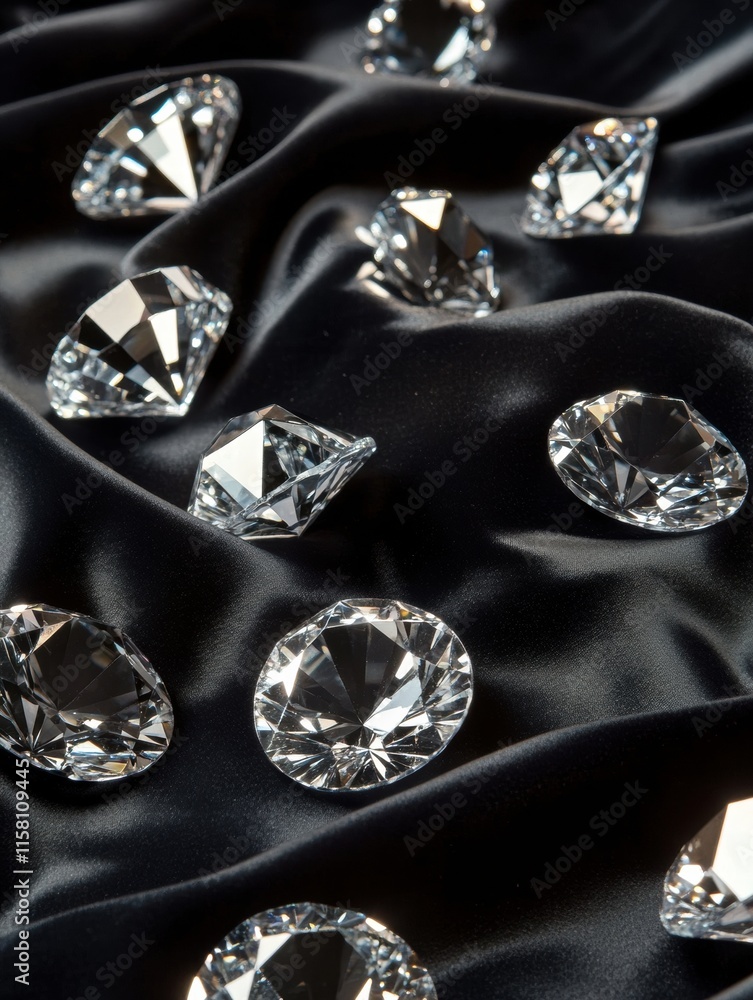 Aufkleber Large sparkling diamonds scattered on elegant black fabric with copy space for text or branding. Generative AI