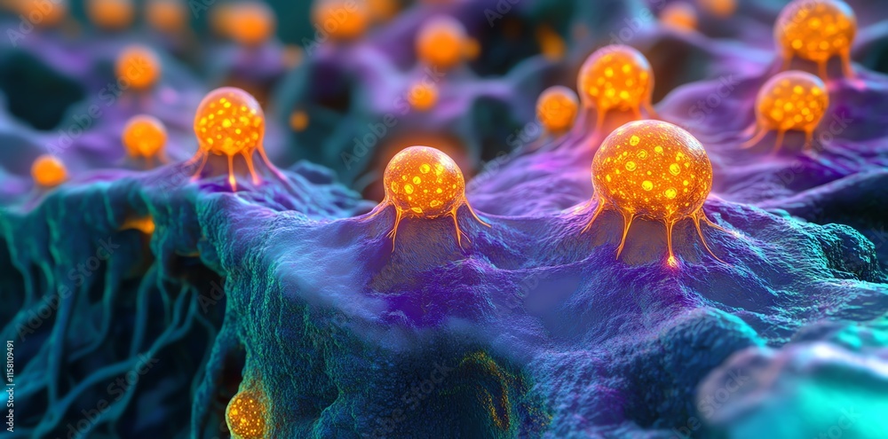 Aufkleber microscopic view of cells with glowing structures, illustrating biological processes.