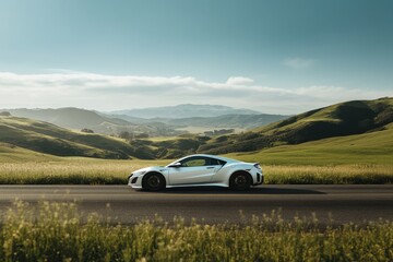Silver sports car driving on a scenic road through rolling green hills under a clear blue sky.