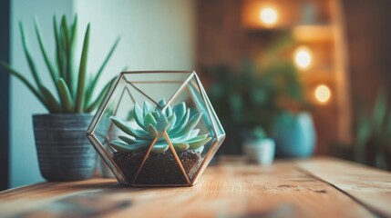 Geometric Succulent Terrarium on Wooden Table
