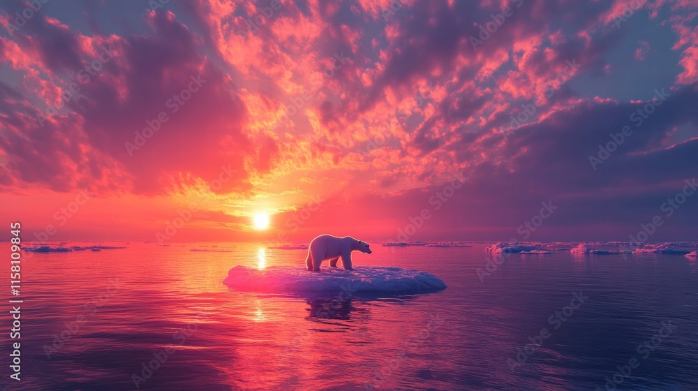Aufkleber lonely polar bear on a small melting ice floe at sunset with vibrant clouds in the sky and reflectin