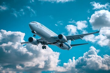 Obraz premium Airplane approaching landing amidst fluffy clouds and a vibrant blue sky.