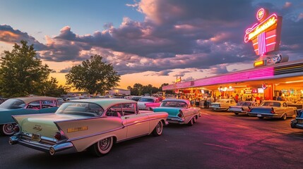 Sunset at the Retro Drive-In Diner: Classic Cars and Neon Lights